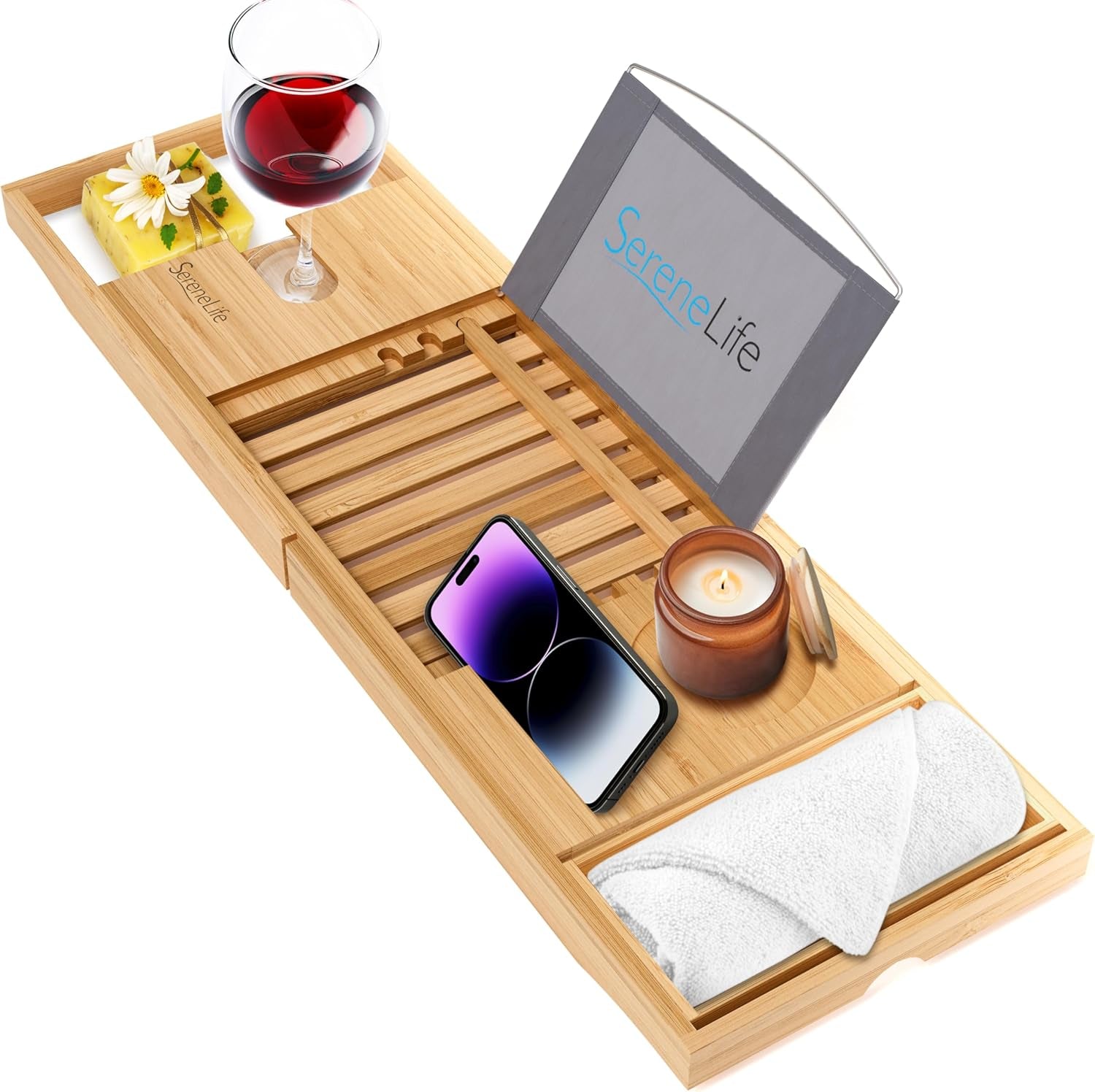 Luxury Bamboo Bathtub Caddy Tray - Adjustable Natural Wood Bath Tub Organizer with Wine Holder, Cup Placement, Soap Dish, Book Space & Phone Slot for Spa, Bathroom & Shower - SLBCAD20