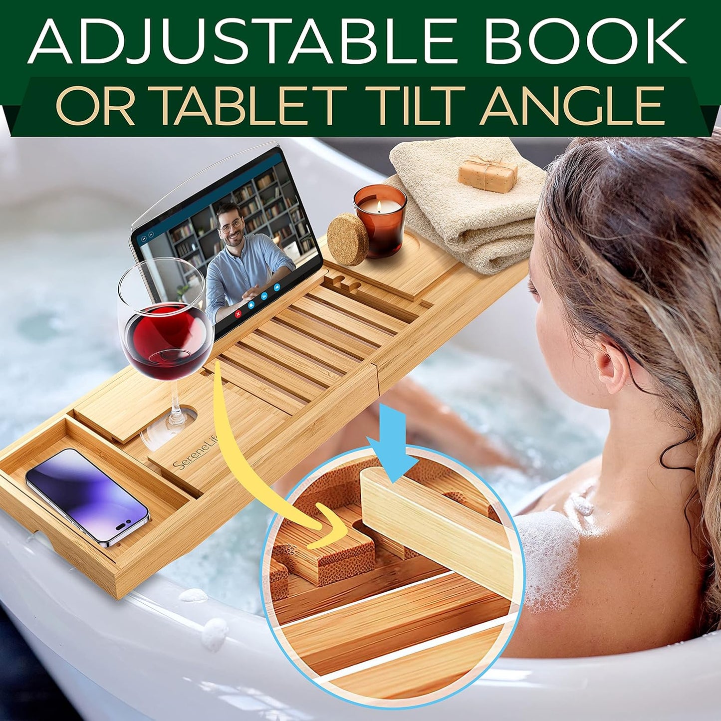 Luxury Bamboo Bathtub Caddy Tray - Adjustable Natural Wood Bath Tub Organizer with Wine Holder, Cup Placement, Soap Dish, Book Space & Phone Slot for Spa, Bathroom & Shower - SLBCAD20