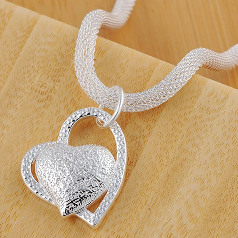 Wholesale 925 Sterling Silver 18 Inch Double Heart Pendant Necklace For Women Fashion Wedding Charm Jewelry